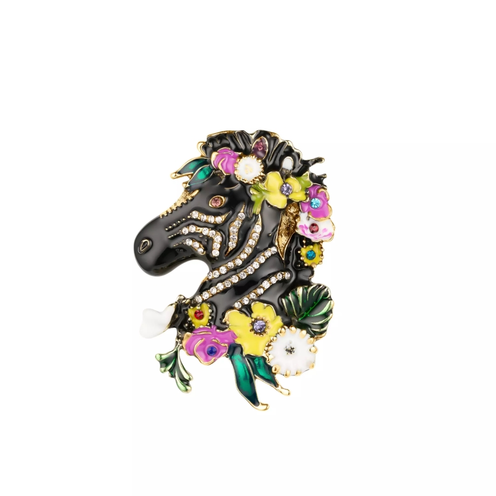 Floral Zebra Brooch - Black and Multicolor